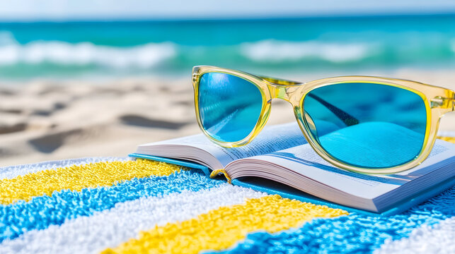 A sunny beach scene with sunglasses and a book on a striped towel by the ocean