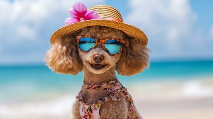 Toy poodle in sun hat sunglasses and dress posing like tourist in cute playful holiday beach setting