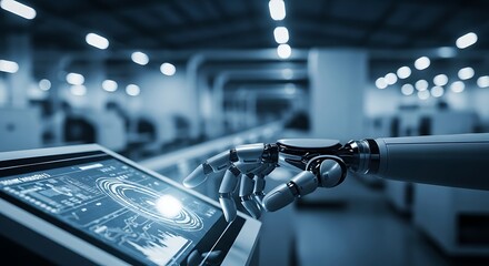 Robotic arm interacting with touch screen in a modern industrial factory setting