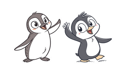 Two happy cartoon penguins waving hello with cheerful expressions