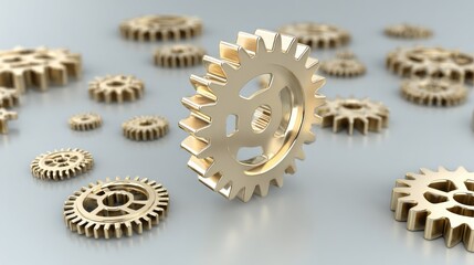 Golden gears arranged on a gray surface.
