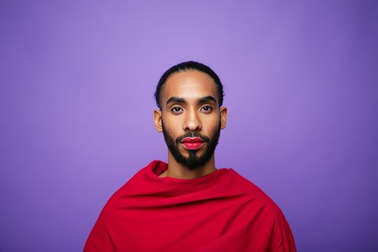Portrait of a Non-Binary Person in Red Garment on Purple Background - Powered by Adobe