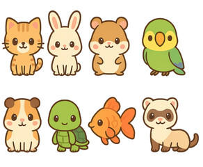 Fototapeta premium Cute Cartoon Animals Including Cat, Rabbit, Hamster, Turtle, and Fish