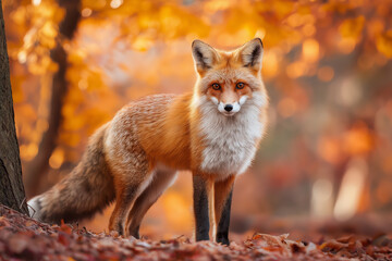Red fox standing in colorful autumn forest