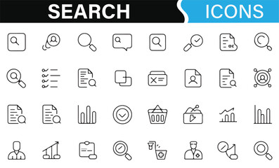 Search Icons Set Featuring Magnifying Glass, Documents, and File Search Symbols
