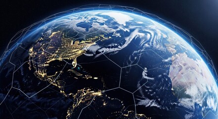 Earth from space enhanced with geometrical network over continents showing lights at night and