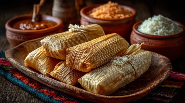 Traditional mexican tamales on rustic wooden plate for culinary delight.