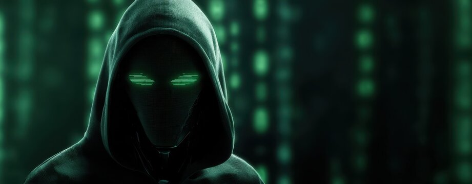 The enigmatic hacker cloaked in a digital world of green binary codes.