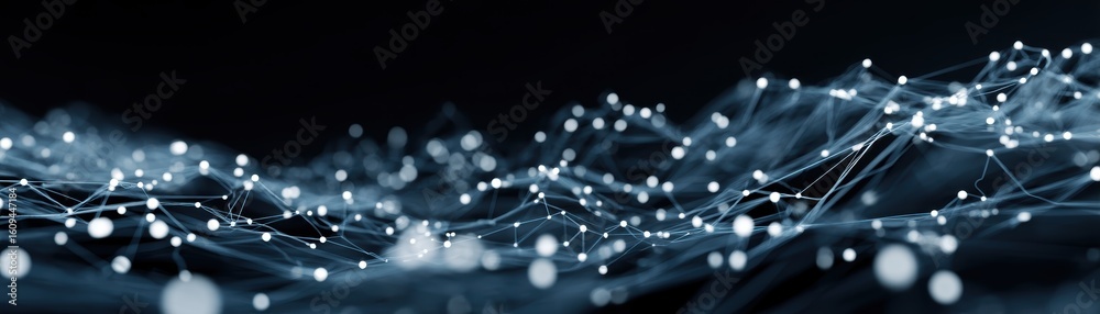 Poster abstract network of interconnected nodes and lines forming a digital, futuristic web representing da