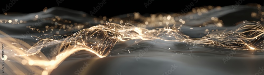 Poster abstract digital waves with glowing light strands and particles flow smoothly over a dark, reflectiv