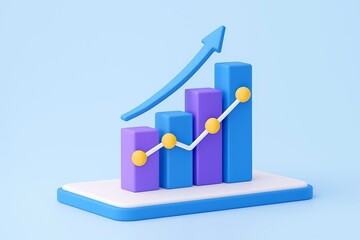 3d bar chart with upward trend arrow and growth line