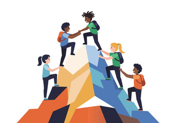 Diverse Group of Children Climbing a Mountain Helping Each Other.