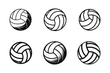Volleyball Set Icons, Black And White Sports Balls Vector Illustration Silhouettes.	
