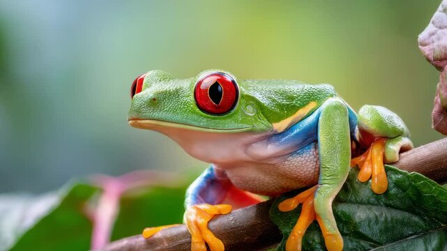 Colorful Red-Eyed Tree Frog Sitting on a Green Leaf in a Lush Tropical Environment