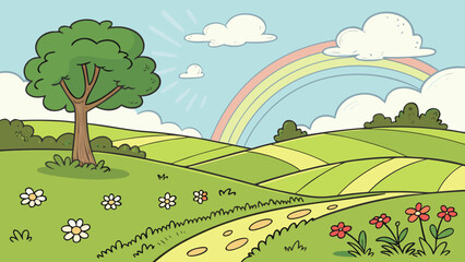 Naklejka premium Beautiful Cartoon Vector Landscape Illustration - Peaceful Countryside Scene Green Hills Blue Sky Clouds Flowers Sunlight Rainbow Natural Environment