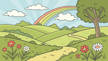 Beautiful Cartoon Vector Landscape Illustration - Peaceful Countryside Scene Green Hills Blue Sky Clouds Flowers Sunlight Rainbow Natural Environment