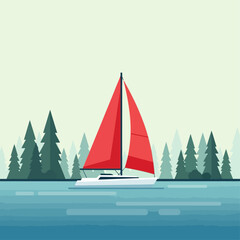 A stylized illustration of a sailboat with a bright red sail sailing on a lake.
