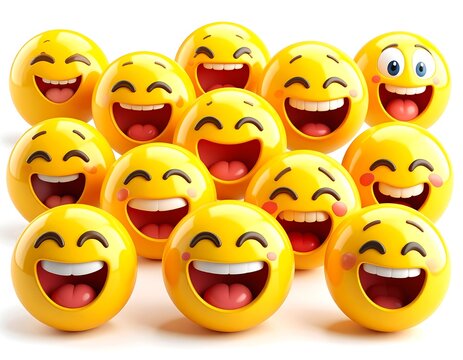 A joyful crowd of 3D yellow cartoon faces laughing out loud. A concept of shared happiness, fun, and positive emotion.