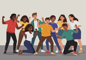 Fototapeta premium Diverse Group of Cheerful People Celebrating Success with Raised Fists.
