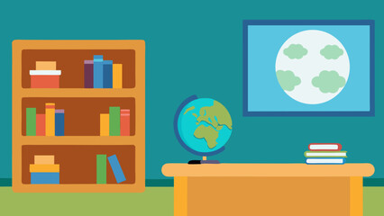 Cozy Empty Classroom with Bookshelf and Globe