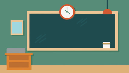 Empty Classroom with Chalkboard Clock and Hanging Light