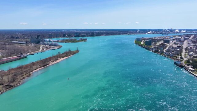 St. Clair River aerial view. This river divided Port Huron, Michigan, USA (right) and Point Edward, Ontario, Canada (left). 