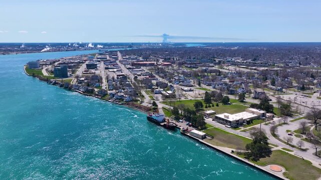 Historic waterfront house aerial view on St. Clair River near Pine Grove Park and USCGC Sequoia coast guard ship, Port Huron, Michigan MI, USA. 