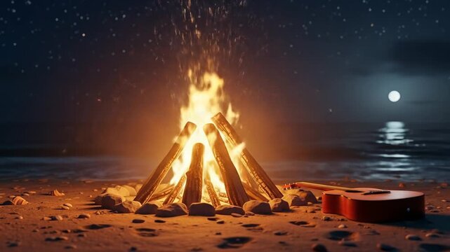Burning Bonfire with Sparks Flying on Beach at Night Guitar