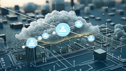 Digital cloud computing network with user icons over a cityscape, symbolizing data connectivity - Powered by Adobe
