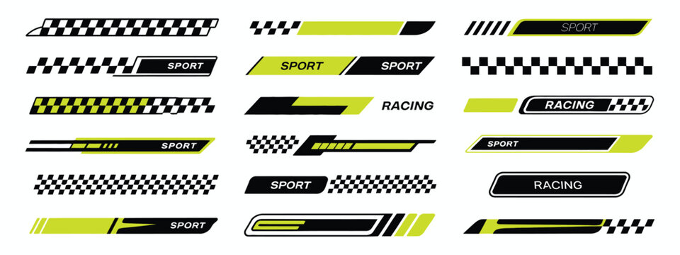 Sports Racing Stripes Vector Set, Flat Decals for Cars, Motorcycles, and Boats Featuring Speed Bars, Tuning Lines, and Dynamic Graphic Elements for Vehicle Customization

