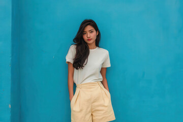 young woman in state of loss stands against clean solid background her expression reflecting deep emotions