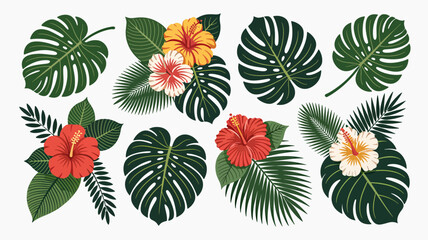 Tropical Paradise Blooms: Vibrant hibiscus flowers and lush monstera leaves create a stunning floral design that evokes summer vibes and tropical elegance © Aang