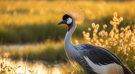 Fototapeta premium Elegant Grey Crowned Crane Portrait in Lush Green and Golden Field Ambience