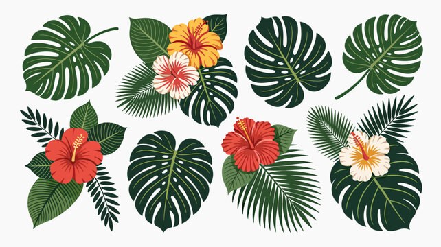 Tropical Paradise Blooms: Vibrant hibiscus flowers and lush monstera leaves create a stunning floral design that evokes summer vibes and tropical elegance