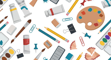 Creative art supplies seamlessly arranged for vibrant design projects, paint brushes, pencils, erasers, clips and other equipment for artists and designers