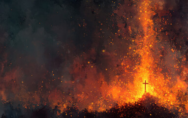 Fiery Cross Burning in the Night Dramatic Digital Painting
