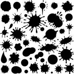 A collection of various black ink splatters, blots, and drips in different shapes and sizes. The image features a range of abstract, messy, and organic patterns.