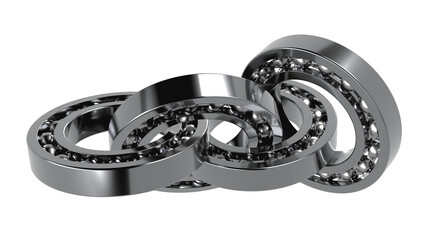 D render of three intertwined ball bearings, symbolizing unity, strength, and industry. The metallic surface reflects light, creating a striking and modern image.