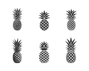 Set of pineapple, silhouettes and pineapple icons isolated on white background.