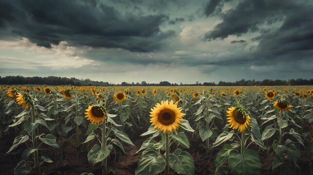 Twiling Wilting sunflowers Sunflower field beneath dramatic stormy sky.