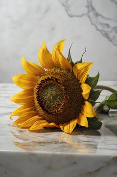 Twiling Wilting sunflowers Sunflower on marble table, bright and fresh.