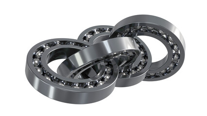 D render of three intertwined ball bearings, symbolizing unity, strength, and industry. The metallic surface reflects light, creating a striking and modern image.