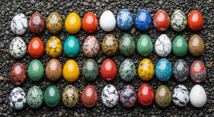 Elegant collection of brightly colored eggs arranged harmoniously on a textured stone backdrop