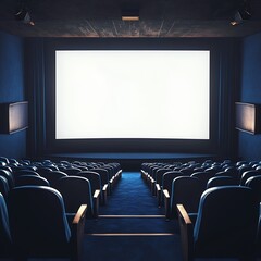 Fototapeta premium Cinema auditorium ambiance featuring empty screen and rows of plush seating