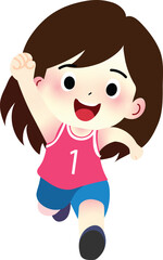 Cute Cartoon Girl Running in Sportswear - Happy Athletic Child Illustration with Number One Jersey - Vector Isolated on White Background for Education, Sports Theme, or Children's Projects