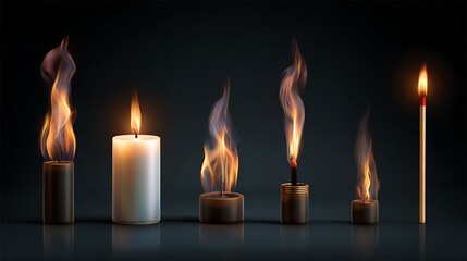 Vector 3D realistic flame set including candle and match fire isolated on transparent background for design and clipart use