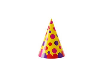 A Festive Conical Party Hat Yellow Red and Purple Polka Dots