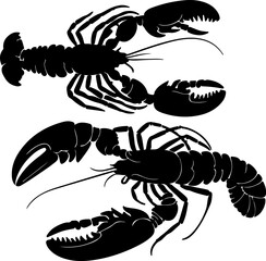 Detailed Black Lobster Silhouette Vector Set: Duo of Marine Crustacean Graphics for Seafood Restaurants, Nautical Decor, Ocean Themes, or Coastal Logos. Bold and Scalable Line Art Illustration.