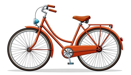 Fototapeta premium Side view of a vintage-style bicycle. Russet-colored frame, light-brown handlebars, and a tan seat. Classic design with large wheels and simple components. White background