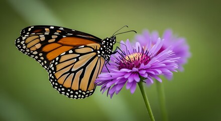 Fototapeta premium Monarch Butterfly Sipping Nectar from a Purple Aster Flower in a Garden Setting